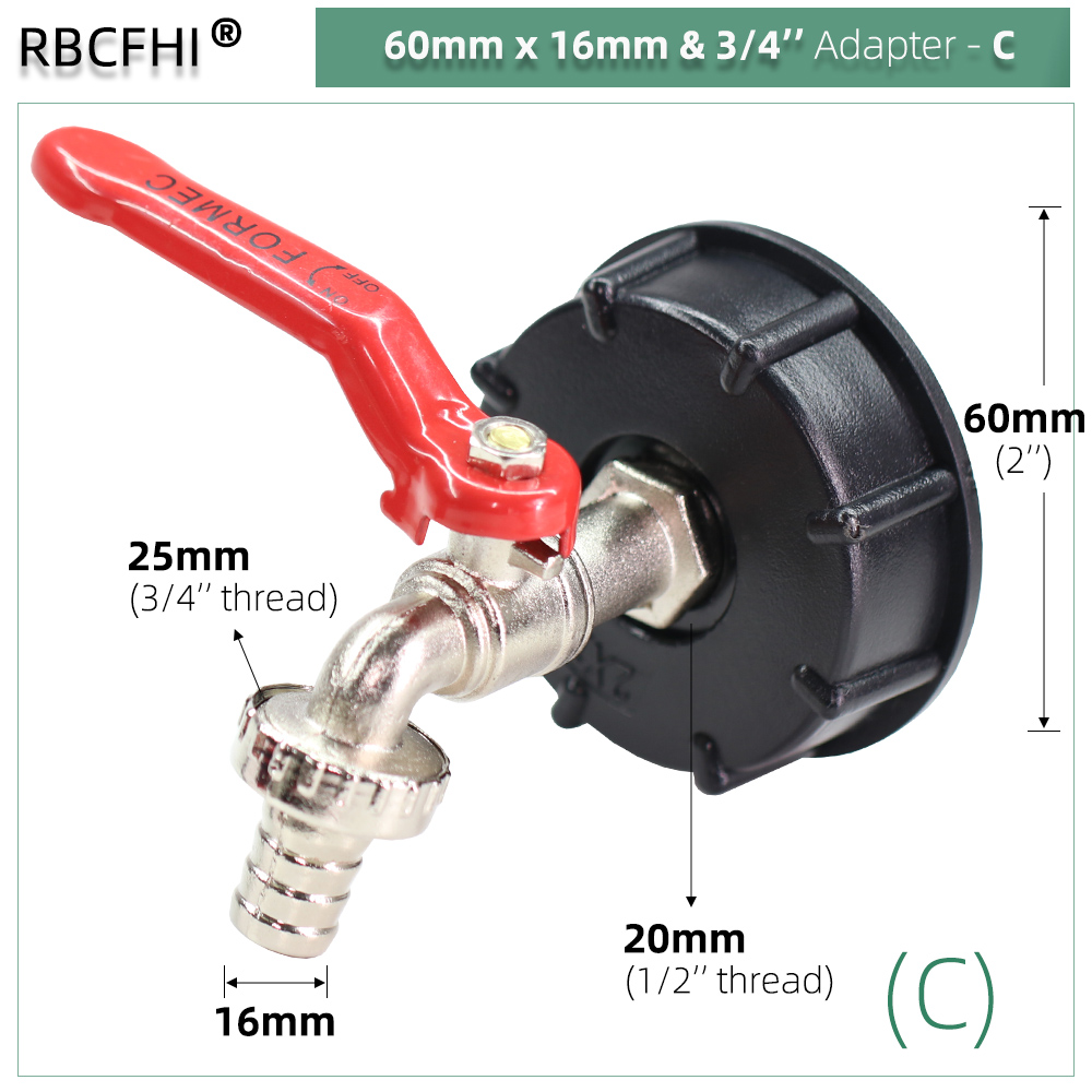 IBC Tote Adapter S60 Coarse Thread x 16mm 1/2'' 3/4'' Water Tank Shut Off Ball Valve Garden Hose Tap Ton Barrel Faucet Connecter: Silver