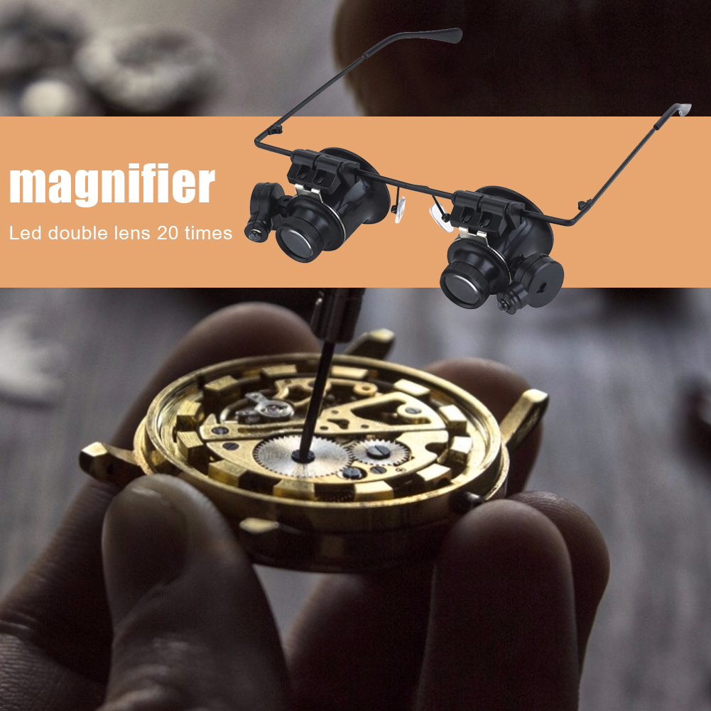 20X Magnifier Double Eye Glasses Type Watch Repair Jeweler Inspect Tool Magnifier With Two Adjustable LED Lights