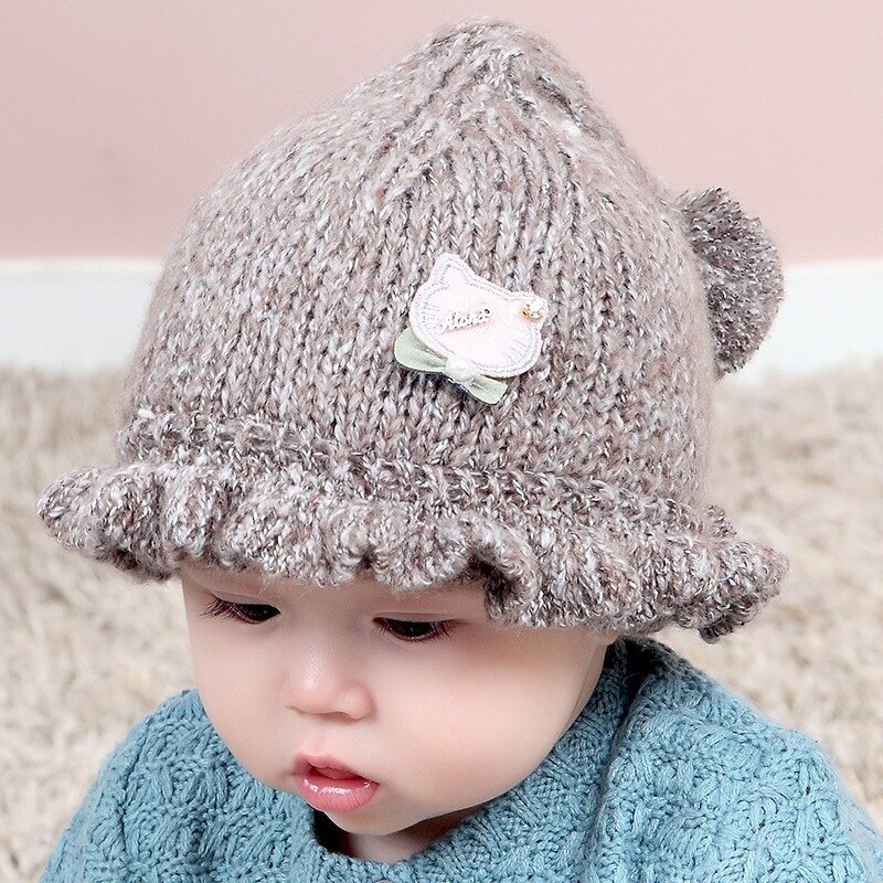 Winter Baby Hat Cartoon Long Tail Pompon Cat Newborn Baby Girl Boy Knitted Cap Winter Warm Earmuffs Wool Infant Kids Hat: brown