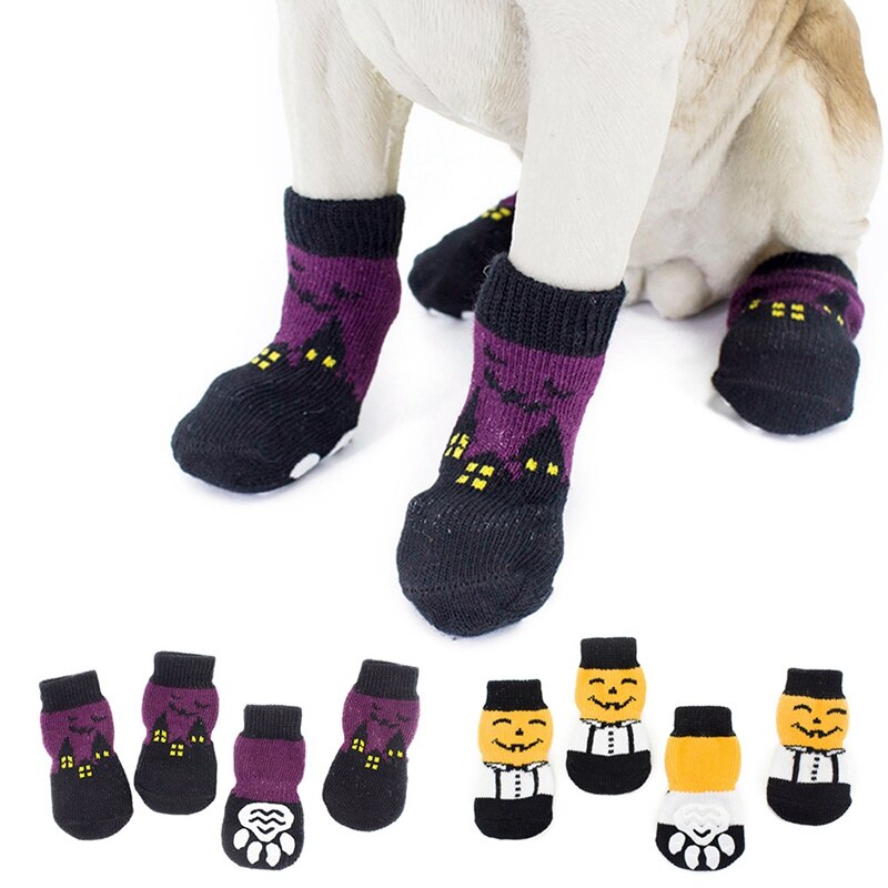 4 Stks/set Pet Leuke Antislip Gebreide Katoenen Sokken Voor Kleine Honden Funny Halloween Gedrukt Walk Sokken Huisdier Kostuum accessoires
