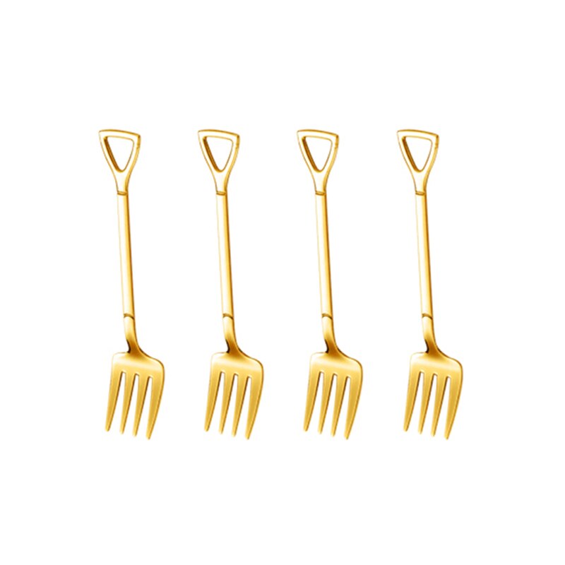 4PCS Coffee Spoon Cutlery Set Stainless Steel Retro Iron Shovel Ice Cream Spoon Fork Spoon Fruit Fork Tableware: 4Pcs Gold fork