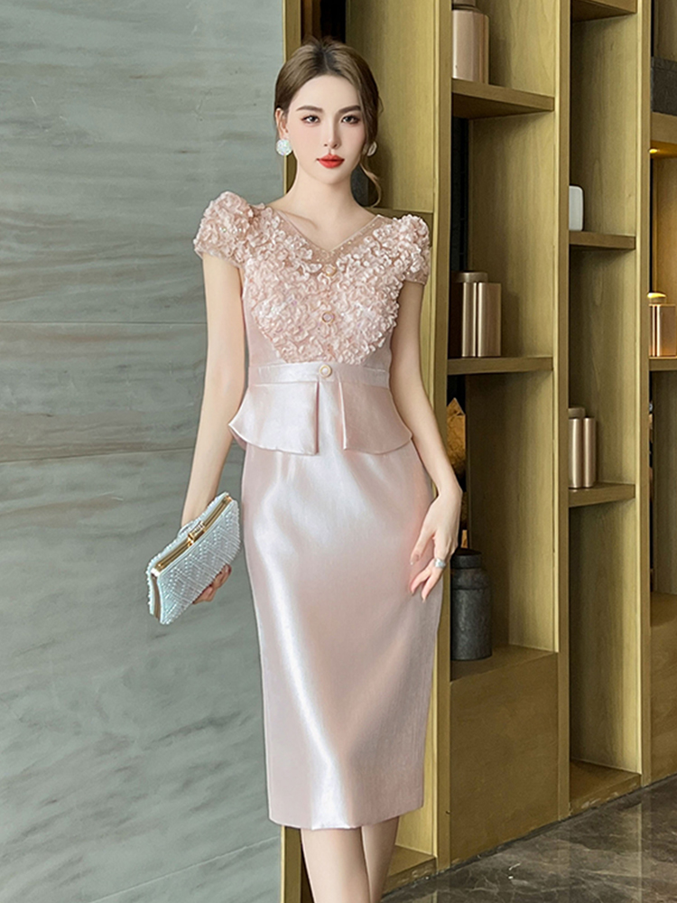 Formel kjole dametøj sød chic blonder splejset satin korte ærmer flæser kåbe fest fødselsdag vestidos mujer