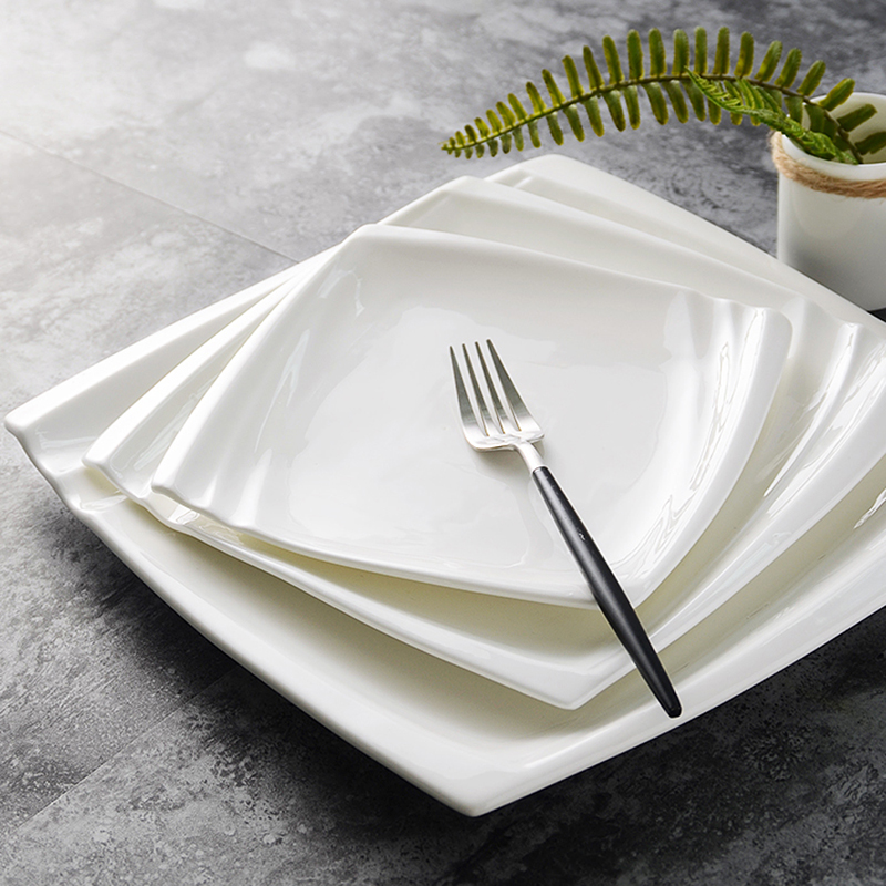 Pure White Ceramic Western Plate Flat Steak Plate Dessert Dim Sum Square Cake Cake Plate Household Dinner Plate Western Tablewar