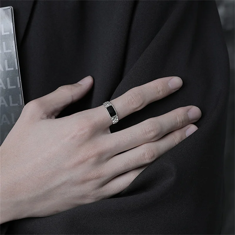 último anillo rectangular negro de cristal, accesorios para dedos de boda para hombre, anillo cuadrado clásico, joyería de plata 925 para hombre ajustable