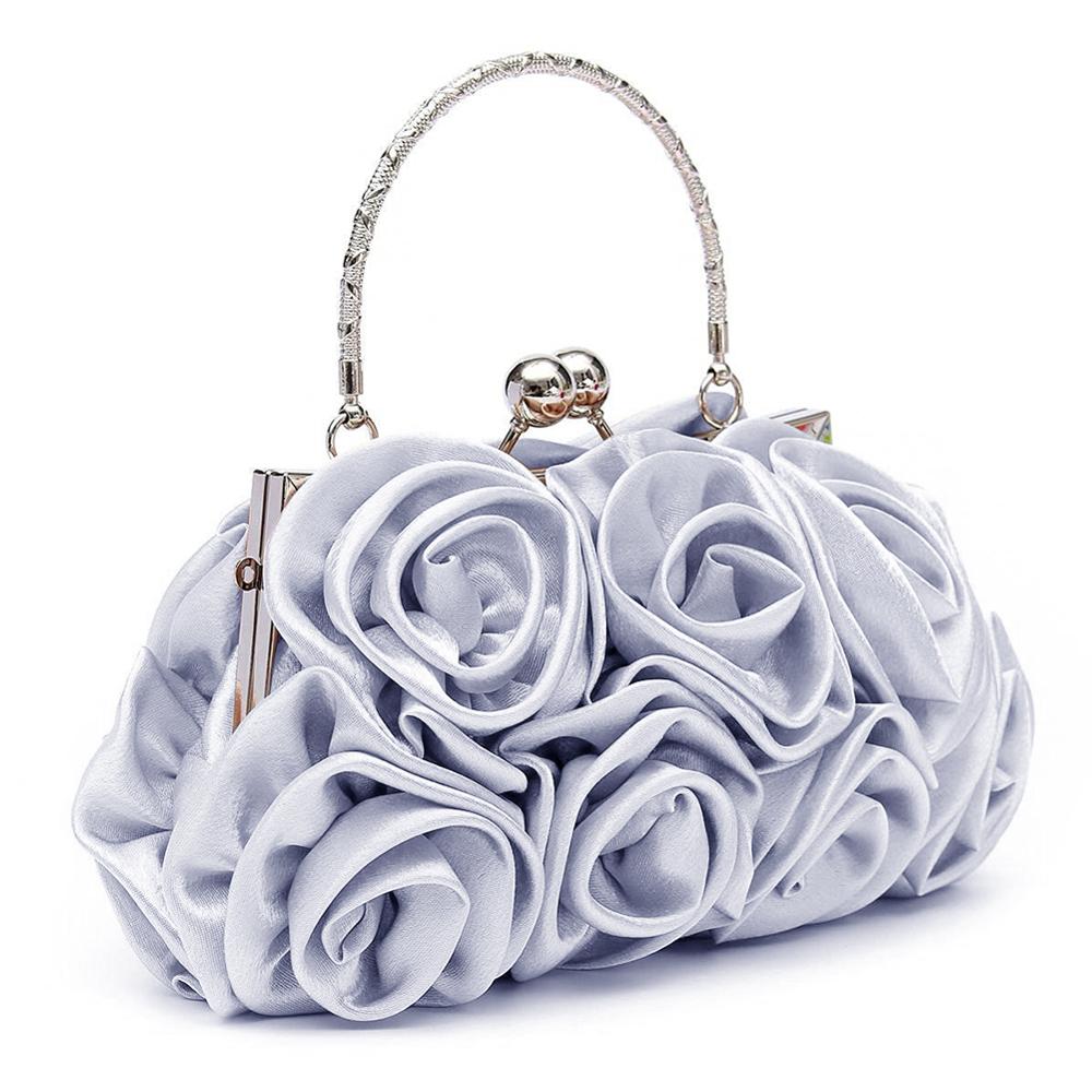 Meninas bolsa de ombro cetim quente moda floral dia das senhoras bolsa de embreagem feminino festa à noite baile nupcial diamante baguette flor bolsa: Silver