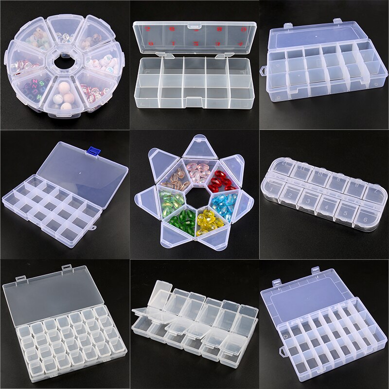 Caja de plástico para guardar joyas, abalorios, pendientes, contenedor de joyería, rombo transparente, cuadrado, redondo, accesorios,