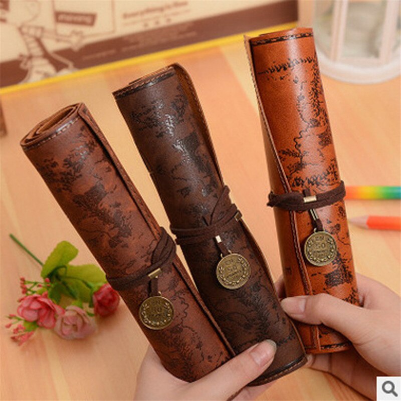 Vintage Pirate Treasure Map Pencil Cases PU Leather Roll Pen Bag Pouch For Stationary School Supplies Make Up Cosmetic Bag