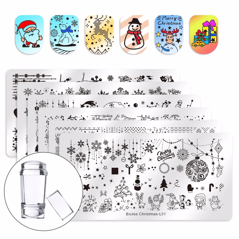 Biutee Kerst Nail Stempelen Plaat Set Sneeuwpop Ijsbeer Rechthoek Sjabloon Santa Elanden Nail Art Printing Stencil Tool