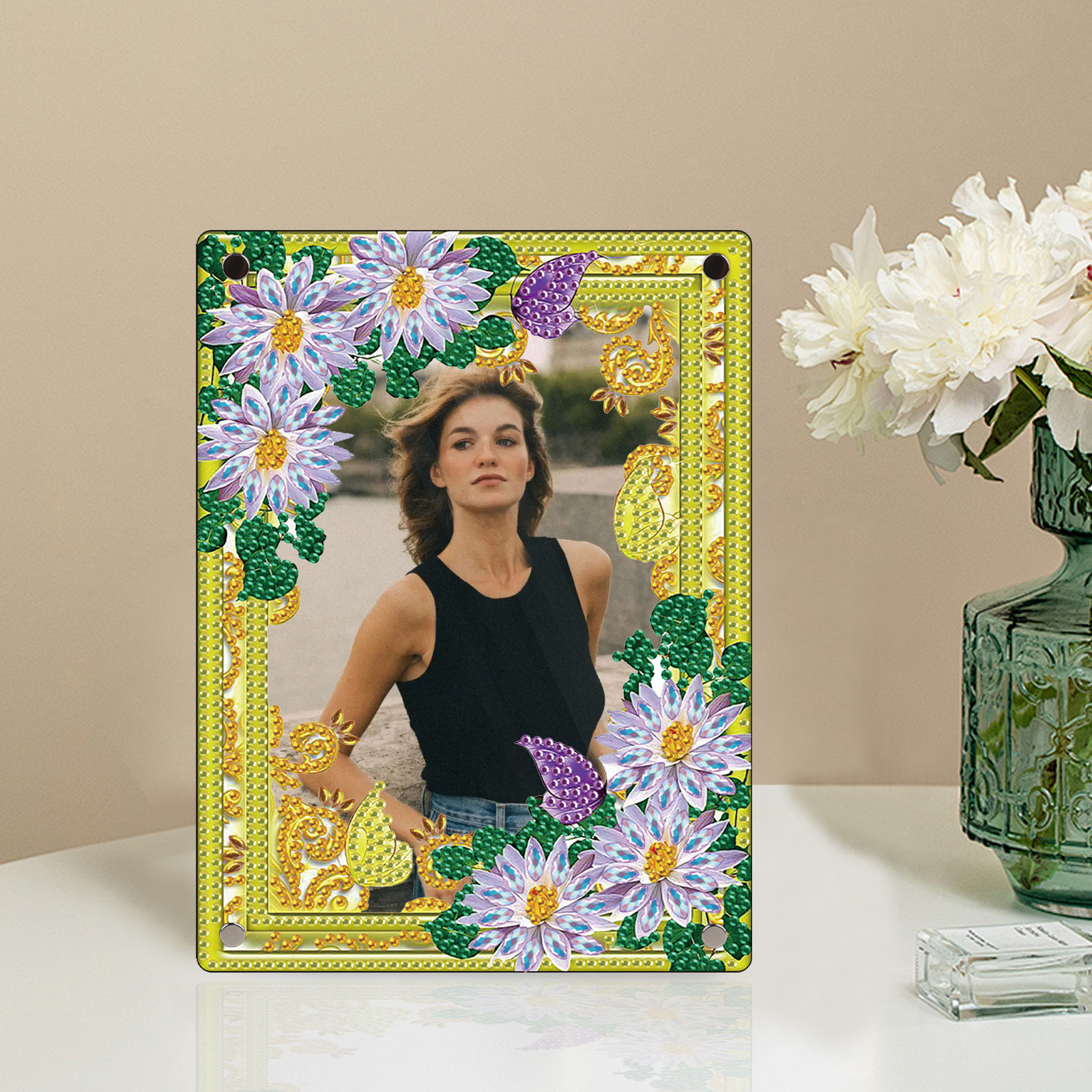 Diamond Art Painting Desktop Ornament Picture Frame Kit,Flowers Special Shape Crystal Acrylic Picture Frame Home Desktop Decor