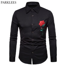 Mens Hipster Red Rose Borduren Shirt Mannen Camisa Masculina Casual Lange Mouwen Slim Chemise Homme Business Camisas Hombre