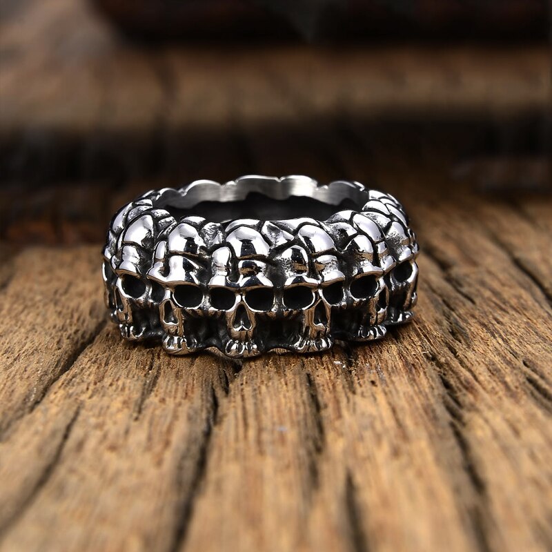 Vintage Solid 316L Rvs Skull Biker Ring Mannen Pave Skelet Ronde Bands Punk Ringen Mannelijke Gothic Sieraden