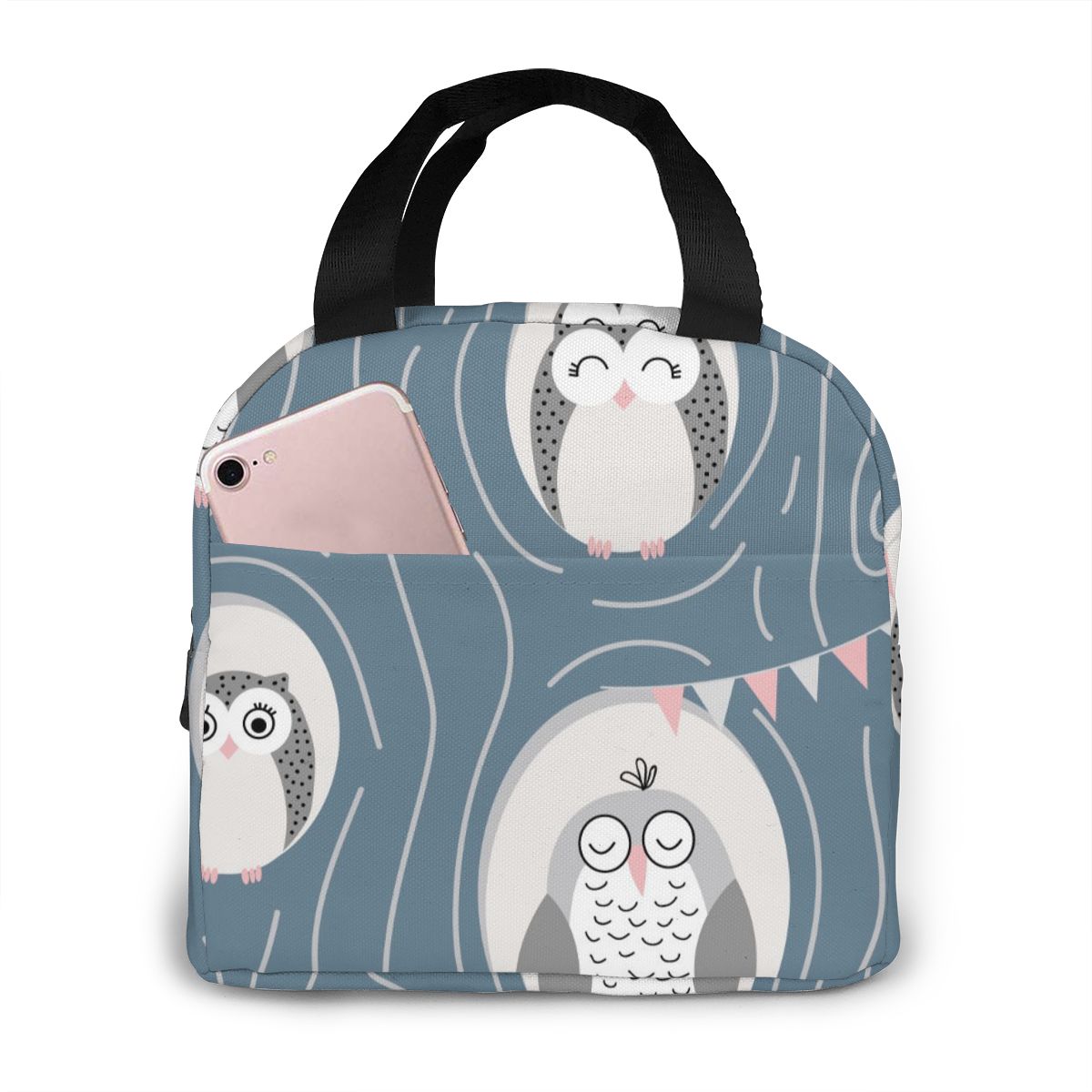Nette Bunte Eulen Kühltasche Tragbare Reißverschluss Thermische Mittagessen Tasche Bequem Mittagessen Kasten Tote Lebensmittel Tasche: schwarz 4