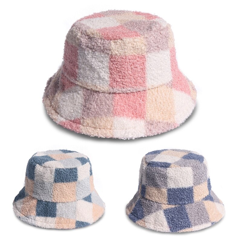 Women Men Winter Warm Fuzzy Plush Bucket Hat Sweet Color Block Plaid Printed Wide Brim Sunscreen Harajuku Fisherman Cap