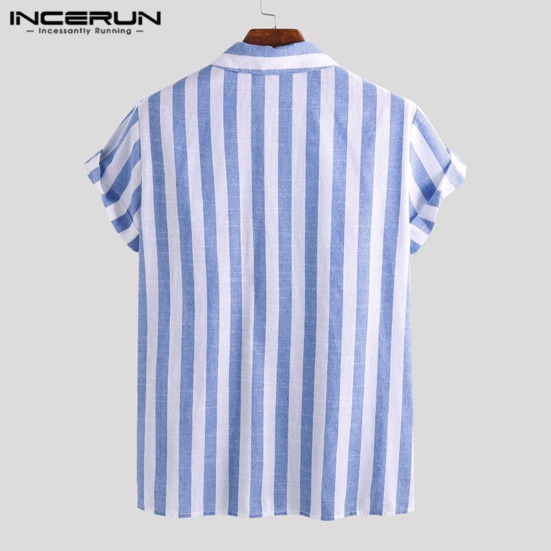Incerun Mode Casual Shirt Mannen Gestreepte Korte Mouwen Revers Ademend Chic Blouse Camisa Masculina Shirts Mannen S-5XL