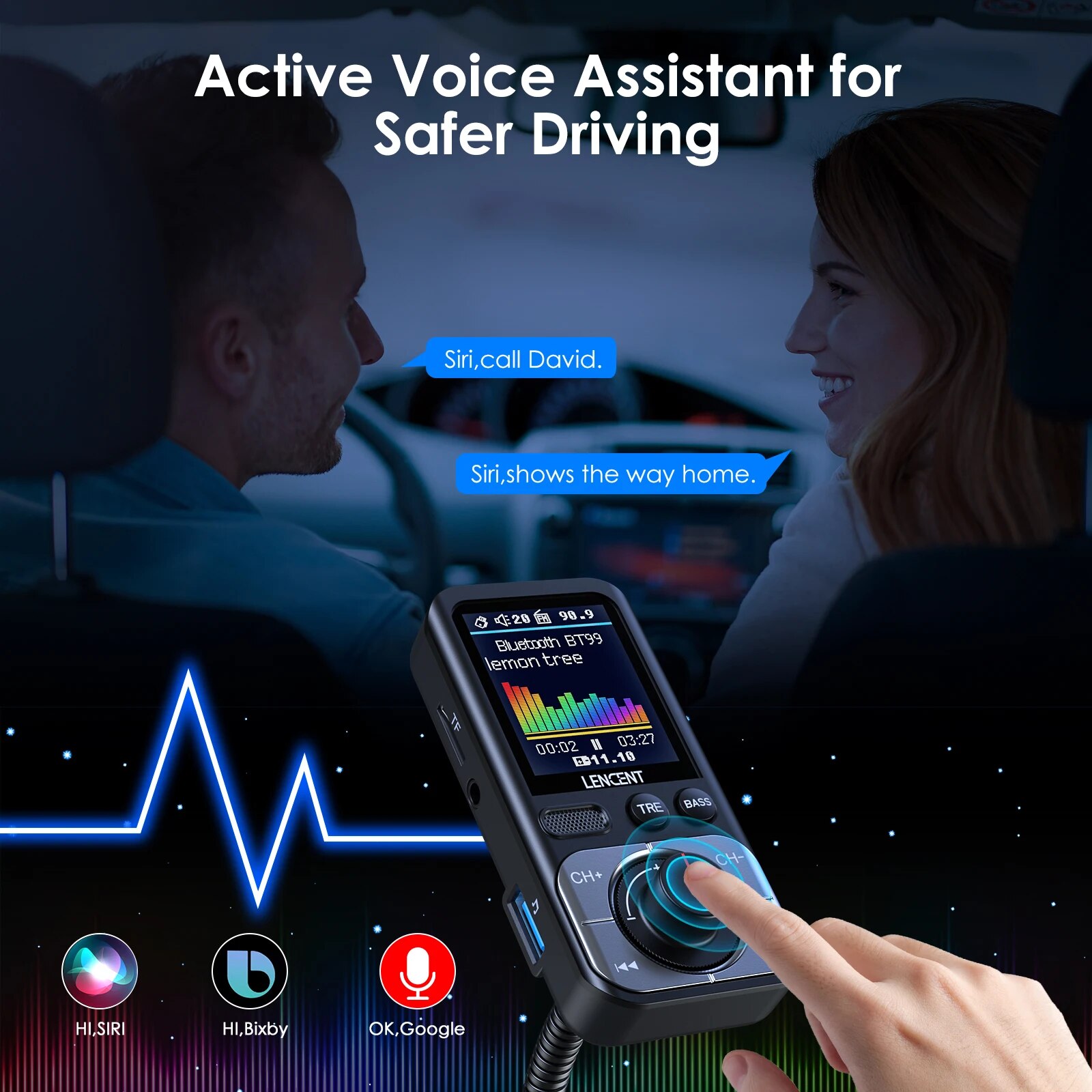 LENCENT Bluetooth 5.0 FM-zendermodulator met 2USB-poorten QC3.0 Auto Snellader MP3-speler Radiozender Carkit