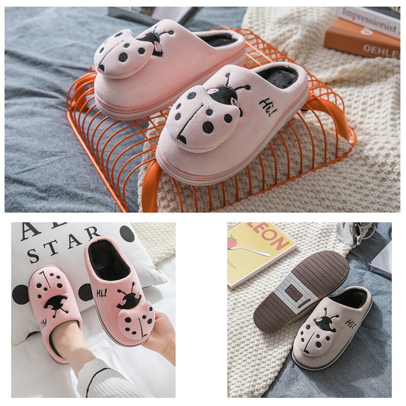 Femmes hiver maison pantoufles dessin animé coccinelle antidérapant à l'intérieur chambre étage chaussures en peluche pantoufles femmes fausse fourrure diapositives TUX77