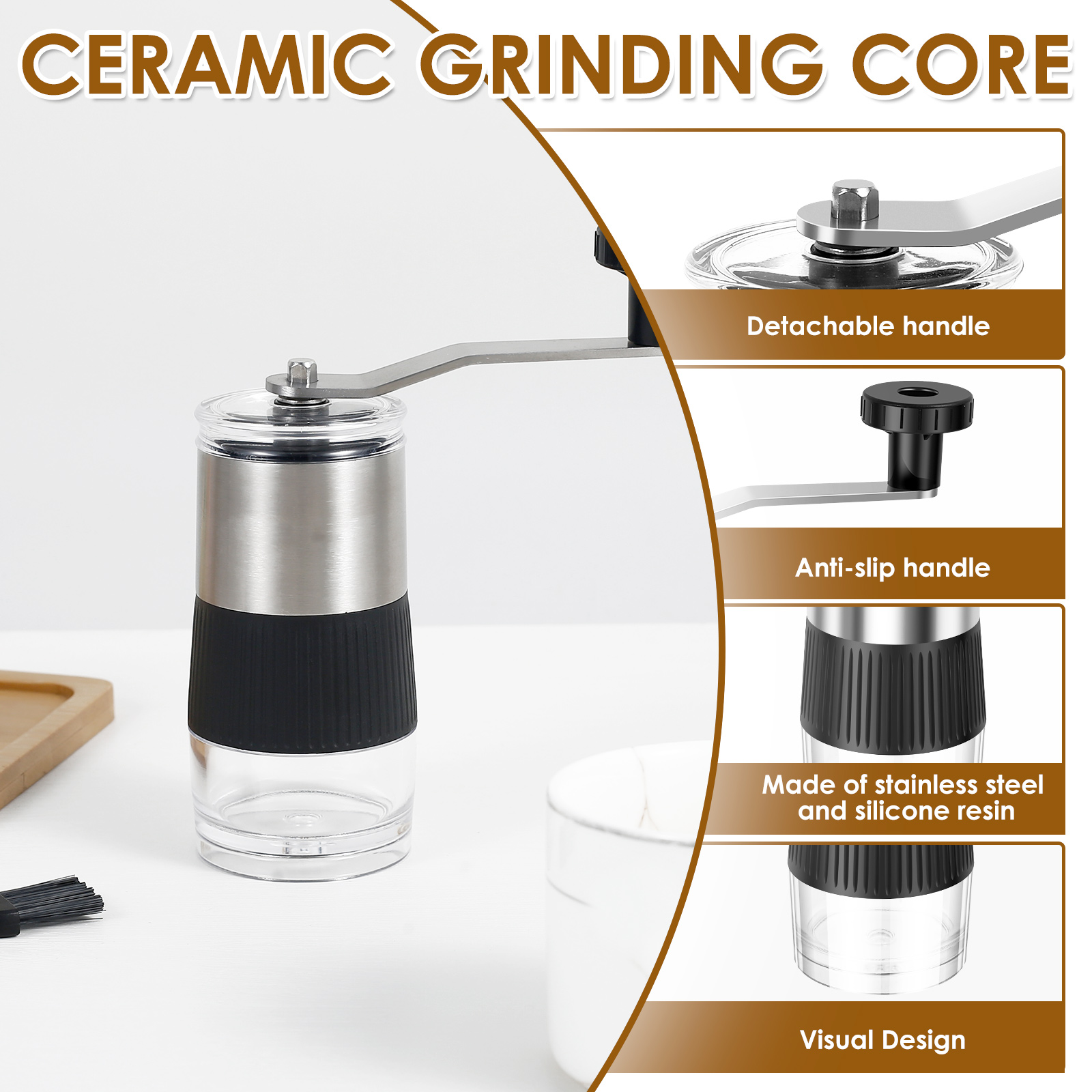 Manual Coffee Grinder Adjustable Hand Crank Coffee Bean Mill Portable Small Pill Crusher with Brush for Coffee Bean Salt Pepper