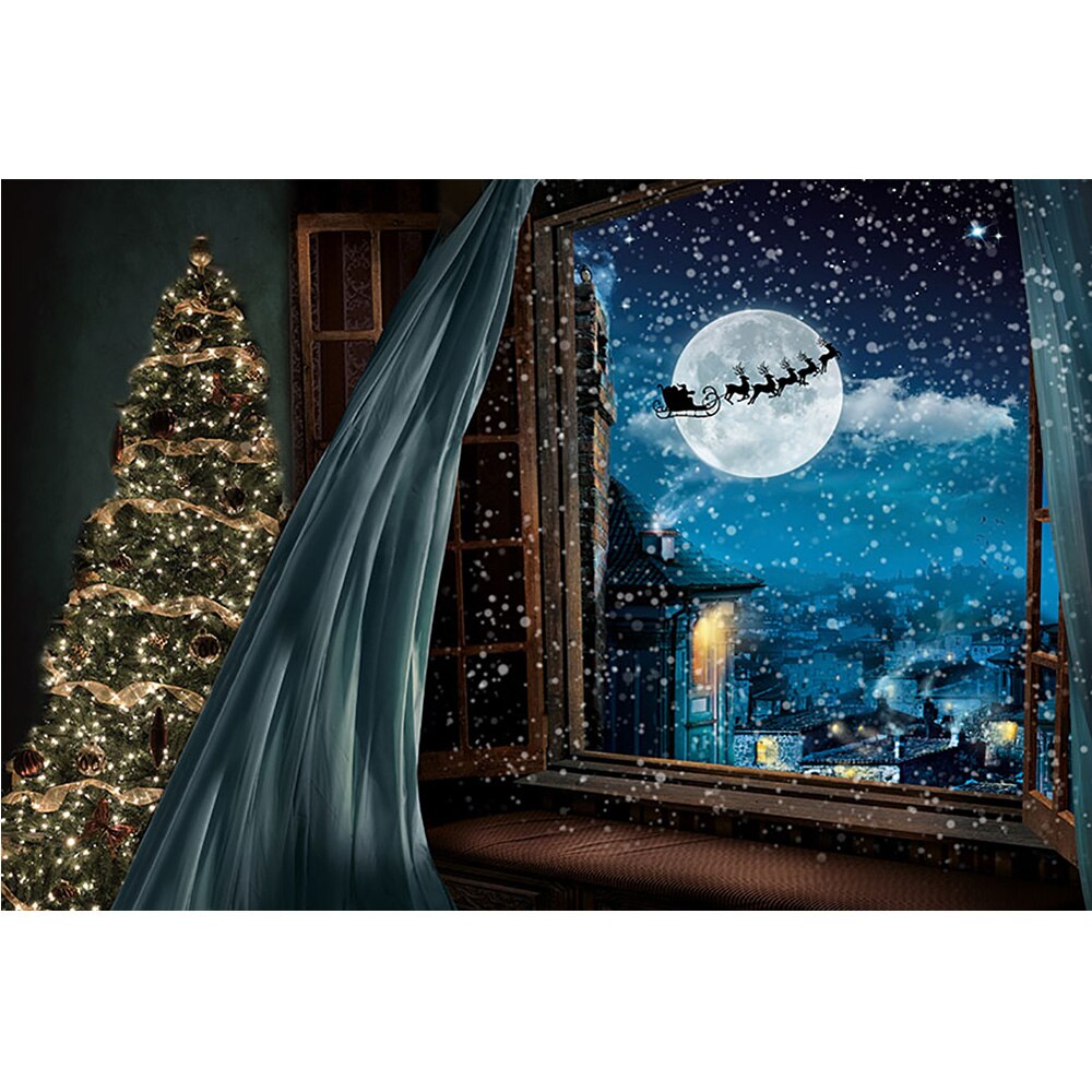 Fenêtre noël famille Portrait photographie arrière-plan Village hiver rêveur ciel étoilé arbres de noël toile de fond Photo Shoot