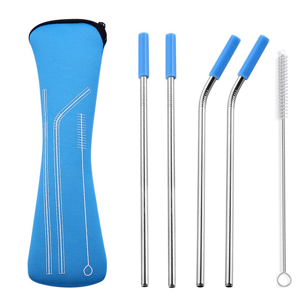 6 stks/set Herbruikbare Rvs Rietjes Rechte Gebogen Rietjes met Siliconen Tips voor Koude Drank Bar Gereedschap: Light blue