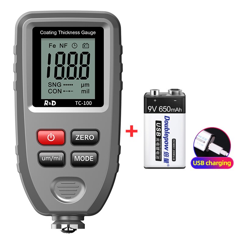R &amp; D – jauge d'épaisseur de revêtement de peinture automobile blanche, testeur d'épaisseur de Film de peinture automobile, outil de peinture manuel russe FE/NFE, TC100: Grey with battery