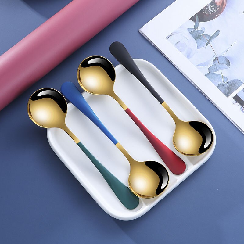 Stainless Steel Spoon Round Head Spoon Japanese Korean Coffee Spoon Household Cake Dessert Spoon