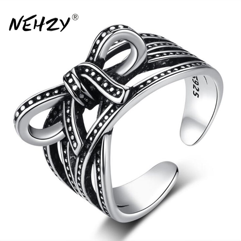 NEHZY 925 sterling silver jewelry woman ring retro hollow black opening size adjustable Thai silver man bow ring