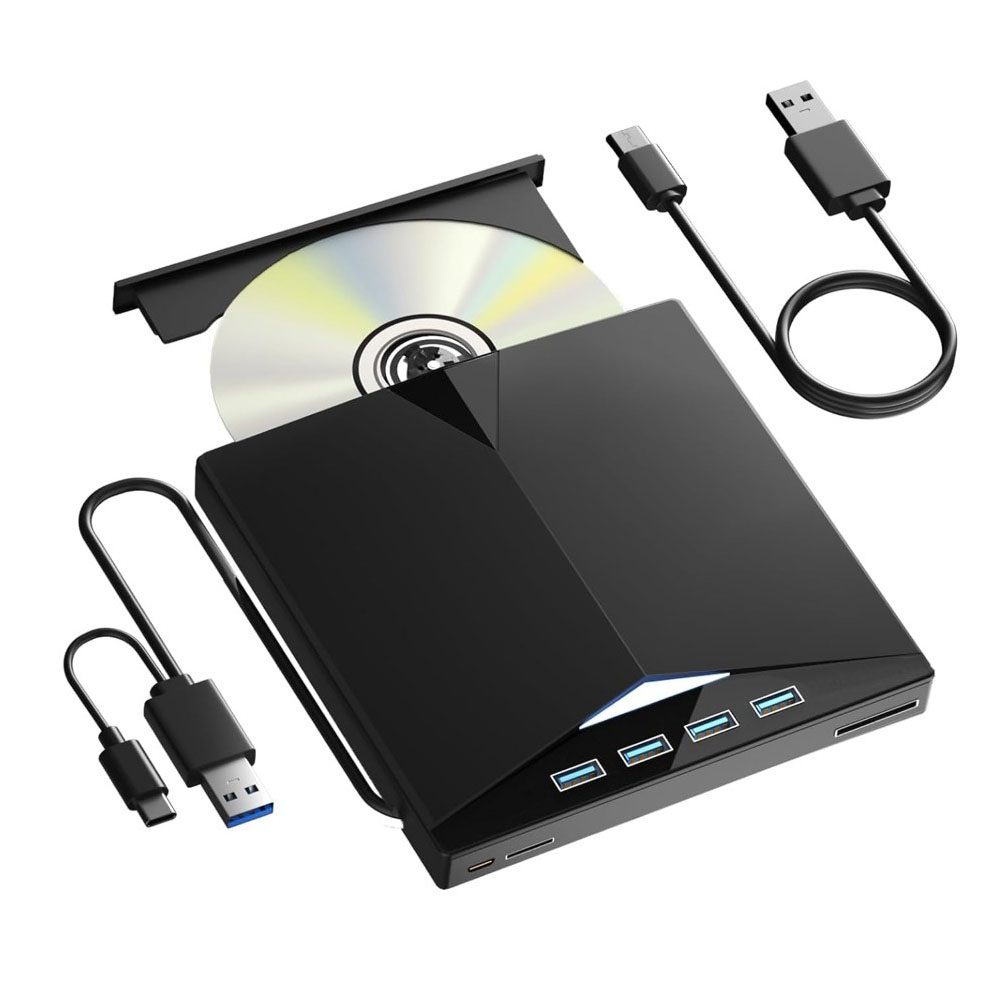 External CD DVD Drive Portable 7 in1 USB 3.0 CD ROM Player Burner CD/DVD Reader and Writer with 4 USB Ports and TF/SD Card Slot: Default Title