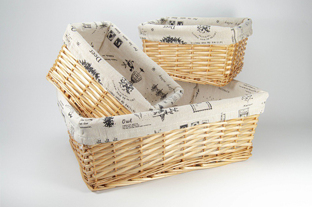 SET DE 3 CESTAS JOCCA DE MIMBRE CON FORRO DE TELA PARA EL HOGAR. CESTA DE ALMACENAMIENTO PARA CUARTO BEBE. CESTA DECORACIÓN RECTANGULAR PARA JOYAS. CANASTOS DE MIMBRE PARA JUGUETES. CANASTA ORGANIZADORA LIBROS. .: Amarillo claro