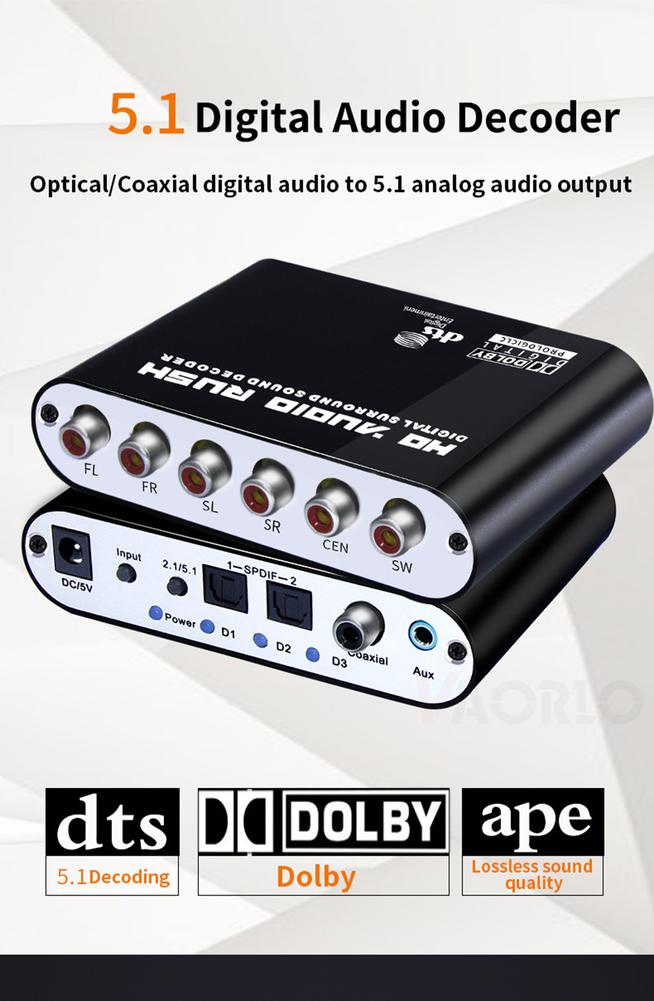 Digital 5.1 Audio Decoder Dolby SPDIF Dts/Ac-3 Optical To 5.1-Channel RCA Analog Converter Sound Audio Adapter Amplifier For TV
