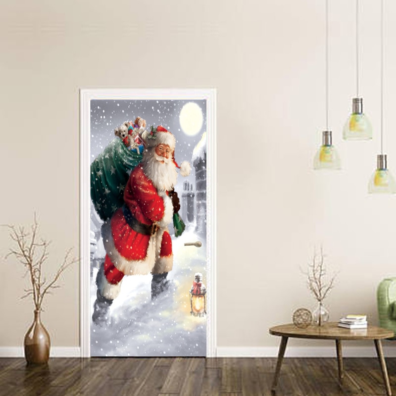 Deur Behang Kerst Kerstman Patroon Open Deur Sticker 3D Diy Thuis Wanddecoratie Kamer Decoratie Accessoires