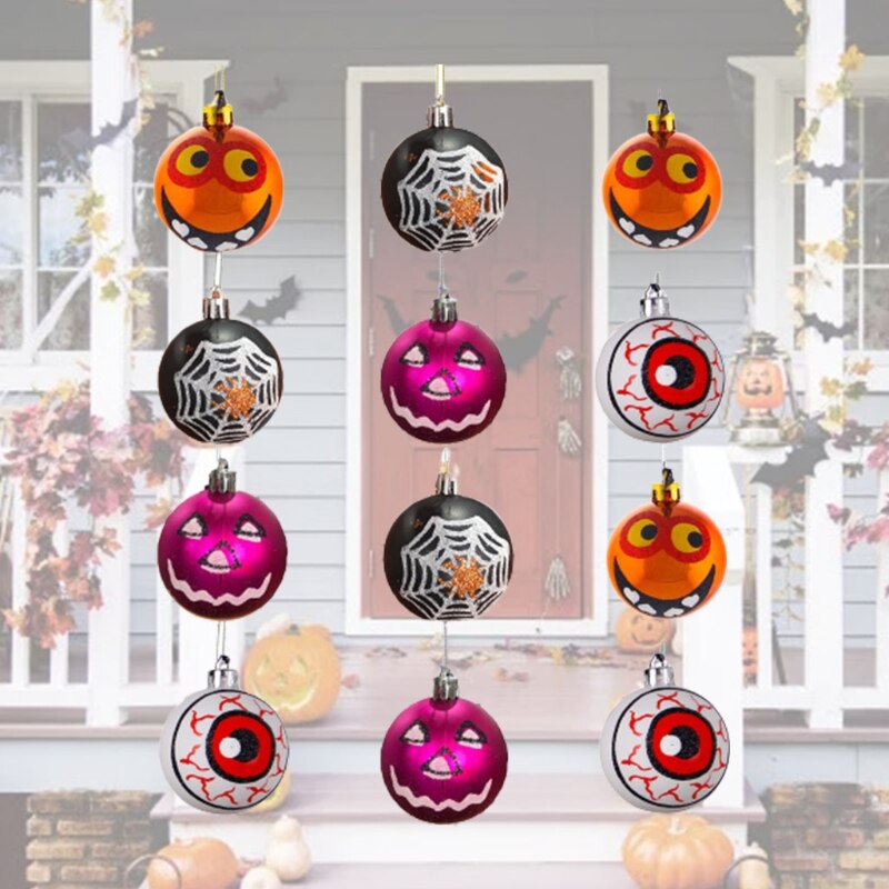 Bolas de plástico pintadas para Halloween, adornos de murciélago, calabaza, fantasma, Araña, colgante de Web, decoración de , Festival, 45BE, 12 Uds.