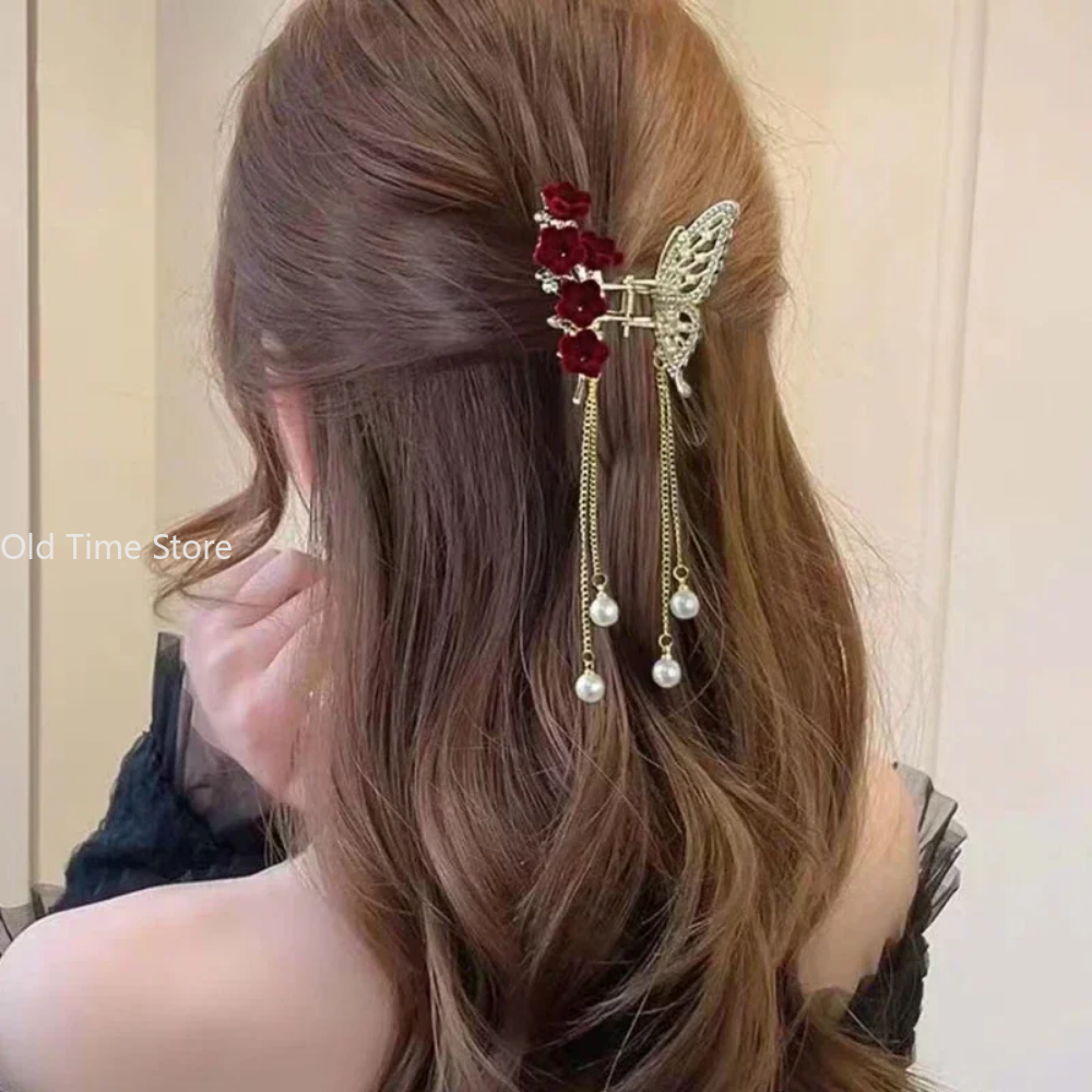 Pinza para el pelo con borlas de mariposa y perlas, horquilla para Festival de flores rojas para niñas, pinzas para el pelo con cola de caballo, accesorios de para mujeres y cangrejos,