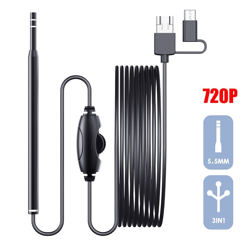 Ear Cleaning Endoscope Small 5.5mm 3 In1 Visual Ear Pick Cleaner Camera USB Ear Spoon Type C Ear Otoscope Borescope For Android: black 720P