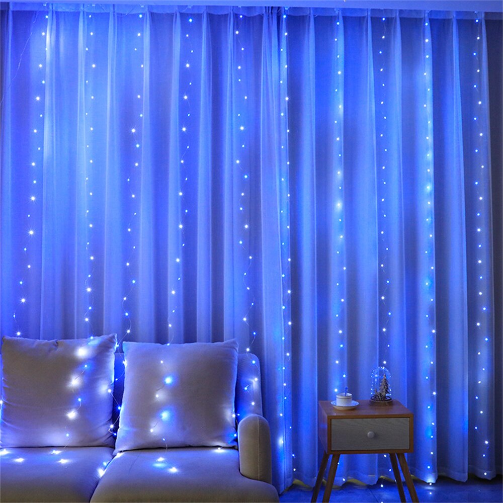 3x1M/3x2M/3x3M LED Copper Wire Icicle Curtain Lights USB Fairy Window String Lights Garland For Xmas Wedding Party Garden: Blue / 3X3M 300leds / USB Powered