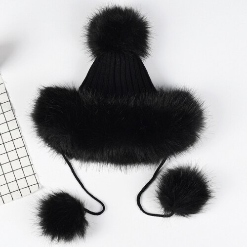HT2105 Big Fur Pompom Ball Winter Hats for Women Russian Ushanka Hat Thick Warm Fur Hat Earflap Ski Cap Women Knitted Hat: Black