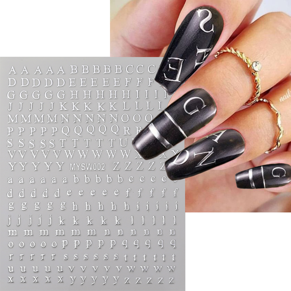 Calcomanías adhesivas con letras en inglés doradas y plateadas, pegatinas 3D metálicas con 26 alfabeto para decoración de uñas, deslizadores de manicura con letras 3D, 1 ud.: Blanco