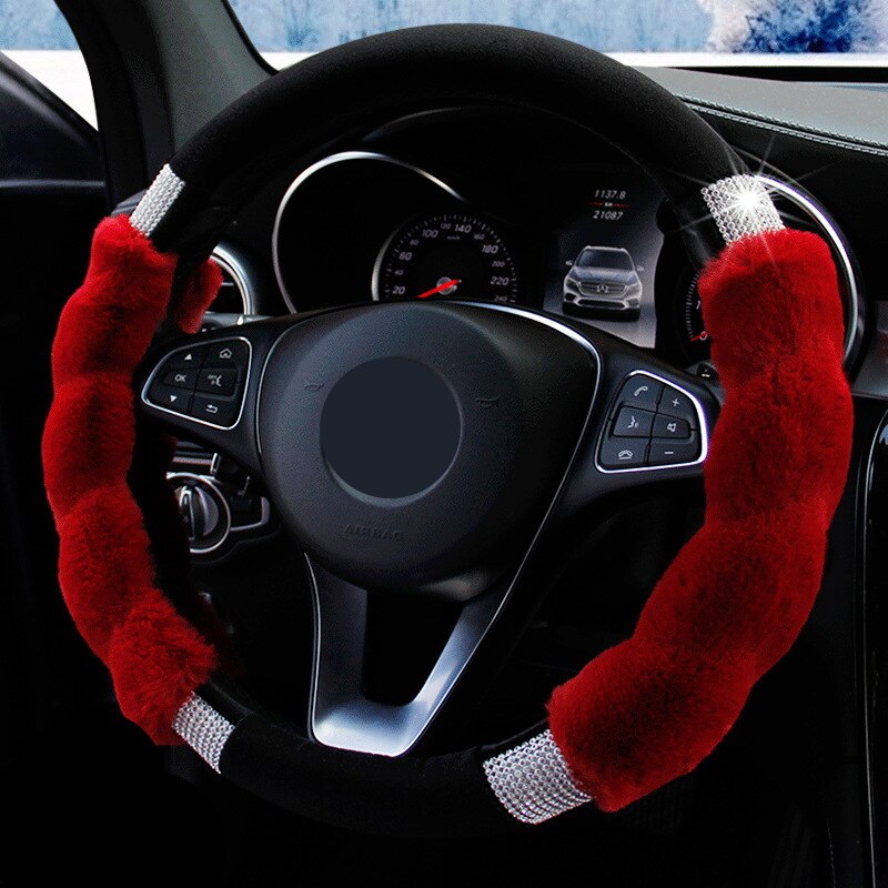 Housse de volant en fourrure hiver peluche diamants antidérapant poignée chaude couverture sur le volant housse de direction accessoires de voiture: Rouge