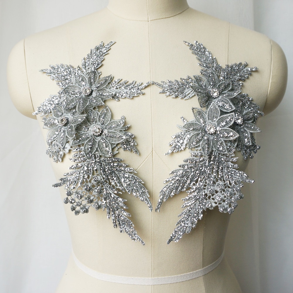 2Pcs Rhinestones Silver Sequin Embroidered Lace Applique Sewing Flower Fabric Patch Wedding Gown Bridal Dress Clothes DIY Crafts