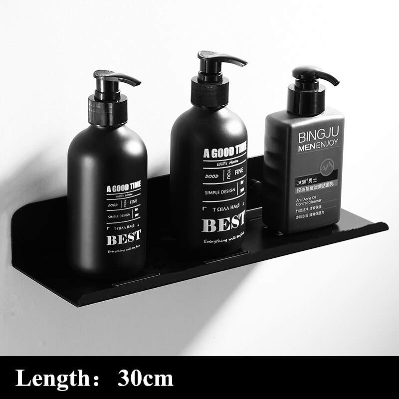 Black Shower Caddy Floating Bathroom Shelf Wall Mounted Bath Shelves Space Aluminum Bath Fixture Shampoo Accessories Storage: 30cm