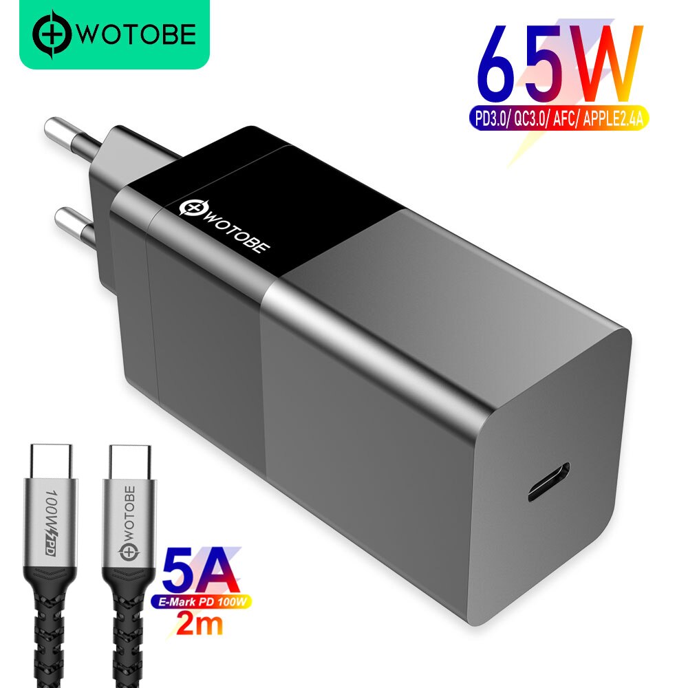 Wotobe Gan Lader, usb C Pd 65W 20W QC3.0 Voor Type C Laptops Ipad Iphone 13 /12/Se S10/S20/Note10/9 Xps Hp Lenovo Thinkpad: EU and 100W Cable