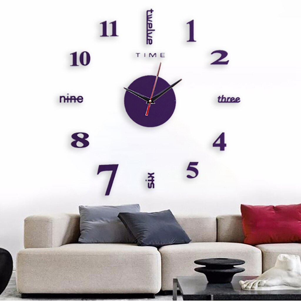 Wall Clock Frameless DIY Wall Mute Clock 3D Mirror Surface Sticker Home Diy Acrylic Clock Office Decor living room 50x50cm: Purple