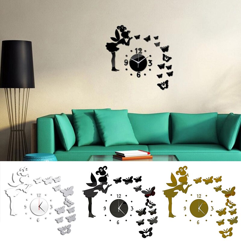 3d kunstspiegel vlinder fee muursticker klok sticker diy kinderkamer woondecoratie lxy 9