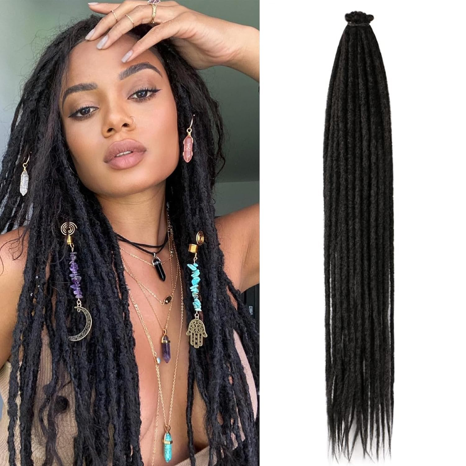Extensiones de cabello rastas sintéticas de 24 pulgadas, rastas suaves de un solo extremo, rastas estilo Hippie para mujeres: #1B / 10 unids/lote