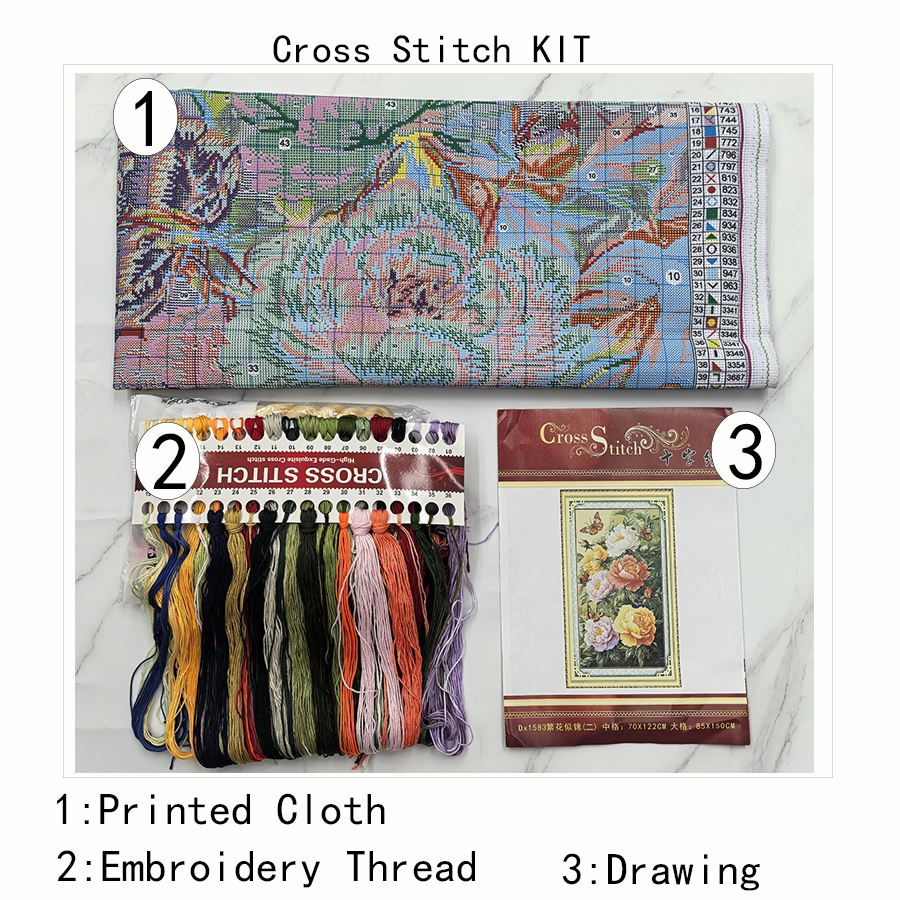 Un kit de punto de cruz con un patrón de peonía floreciente, decoración del hogar de estilo vertical, bordado impreso DIY, mariposa y hermoso paisaje floral, adecuado para entusiastas hechos a mano, kit de material de bordado