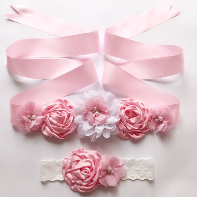 Boda de cinturón faja Floral cinturones de vestido para mujer de la boda de novia de flor Flor de cinta de raso cinturón con diadema bebé: Rosa