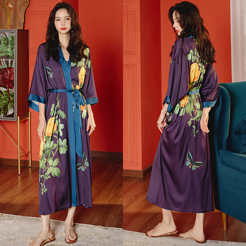 Albornoz tipo kimono largo con estampado de flores para mujer, bata de boda Sexy de media manga, camisón de rayón para primavera y verano, vestido para casa, ropa de dormir: Lavanda