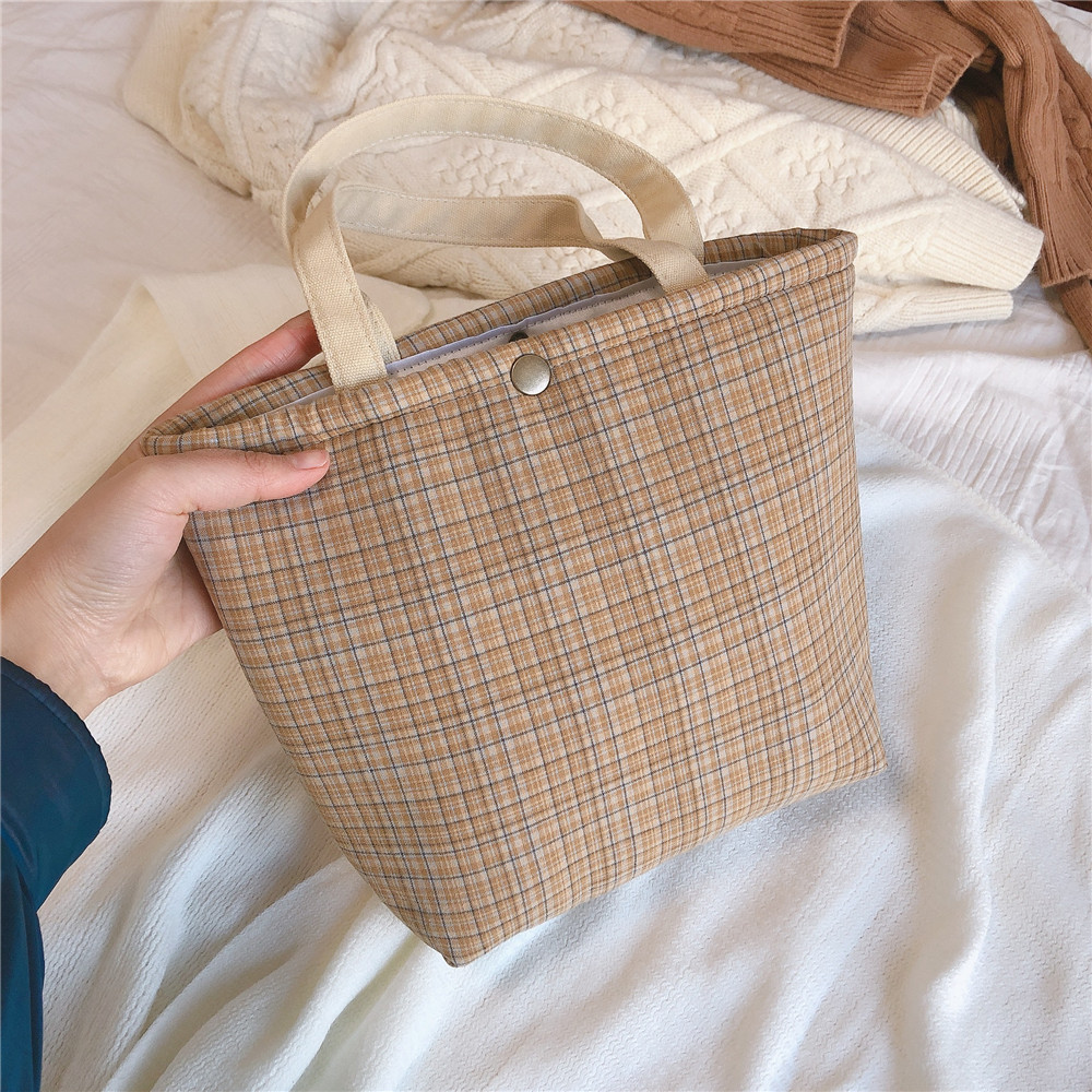 Cotton Fabric Lunch Bag Plaid Small Handbag Portable Food Picnic Bag Women Kids School Lunch Bags Ladies Little Tote Shopping: land yellow