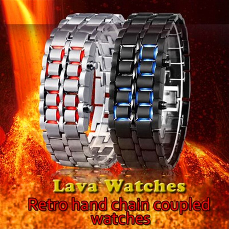 Men Women Lava Iron Samurai Metal LED Faceless Bracelet Watch Wristwatch Full steel Fire digital watch