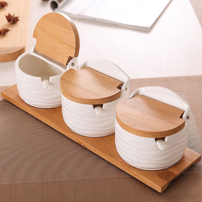1PC zucker schüssel mit deckel löffel holz würze Krug küche Werkzeug salz lagerung Kasten