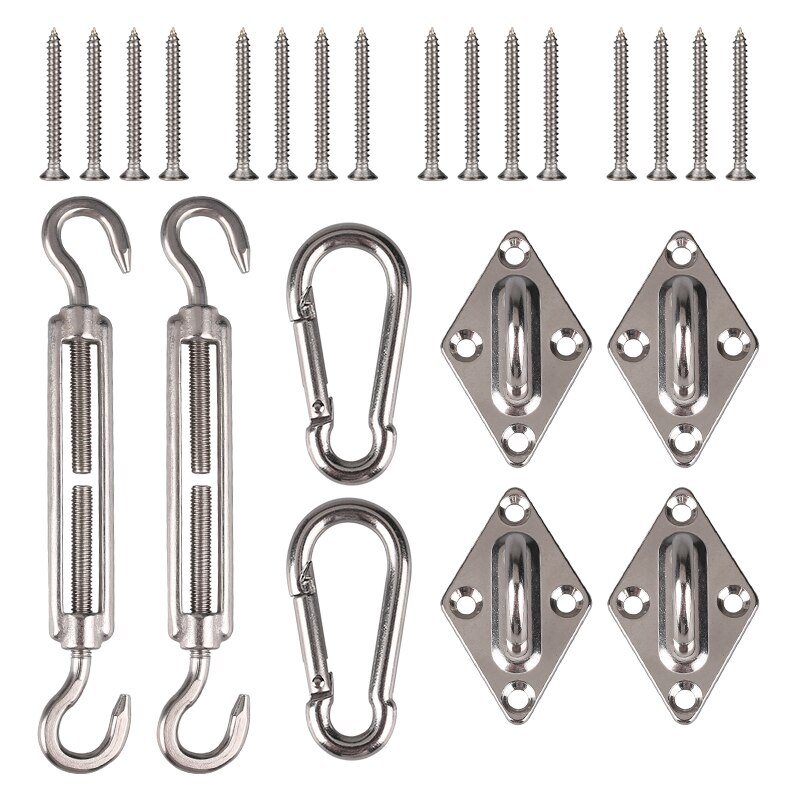 Accesorios para toldo de vela parasol, Kit de accesorios de acero inoxidable 304, tensor, almohadilla, mosquetón, gancho, tornillos plateados, 24 unids/set/juego